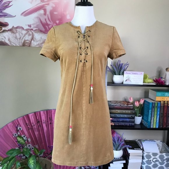 ✨ NWT Camel Corduroy Lace Up Tassel Dress - Picture 4 of 11